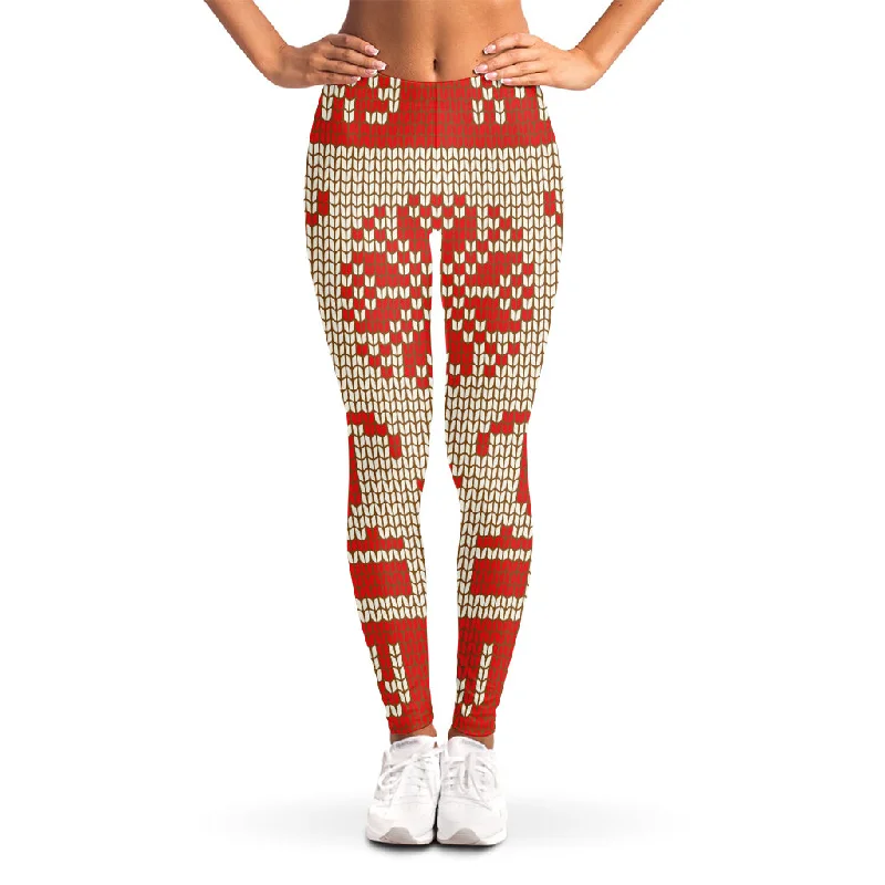 Xmas Deer Knitted Print Women's Leggings Cozy Full-Length Workout Leggings