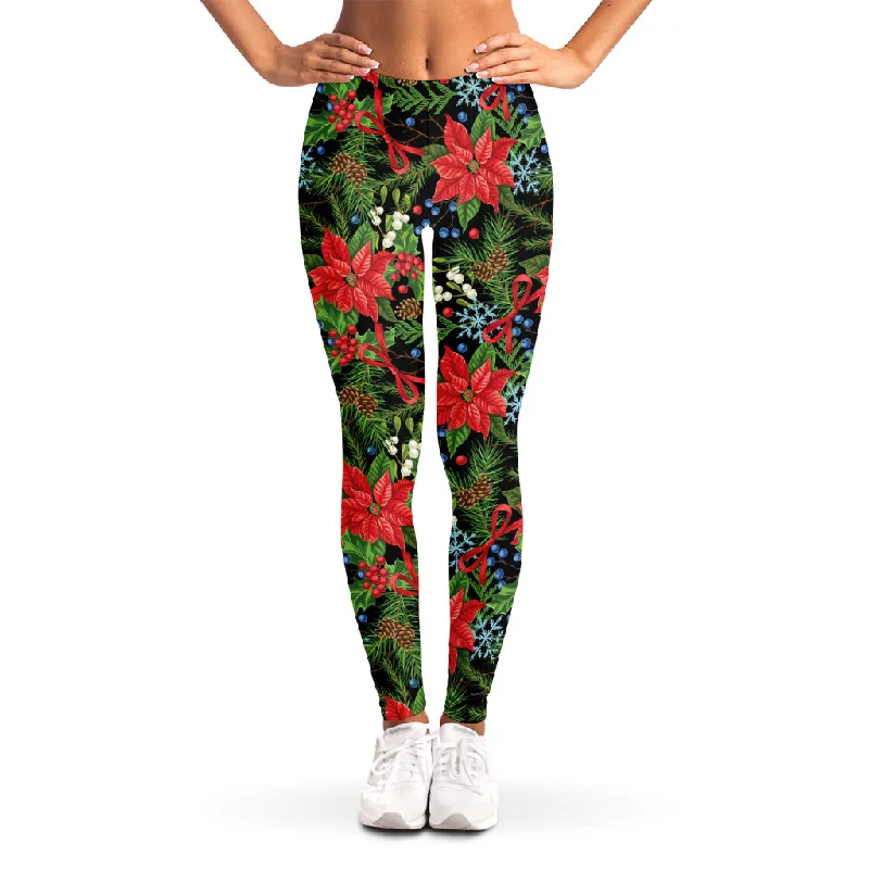 Xmas Poinsettia Pattern Print Women's Leggings Stylish Printed Sport Leggings