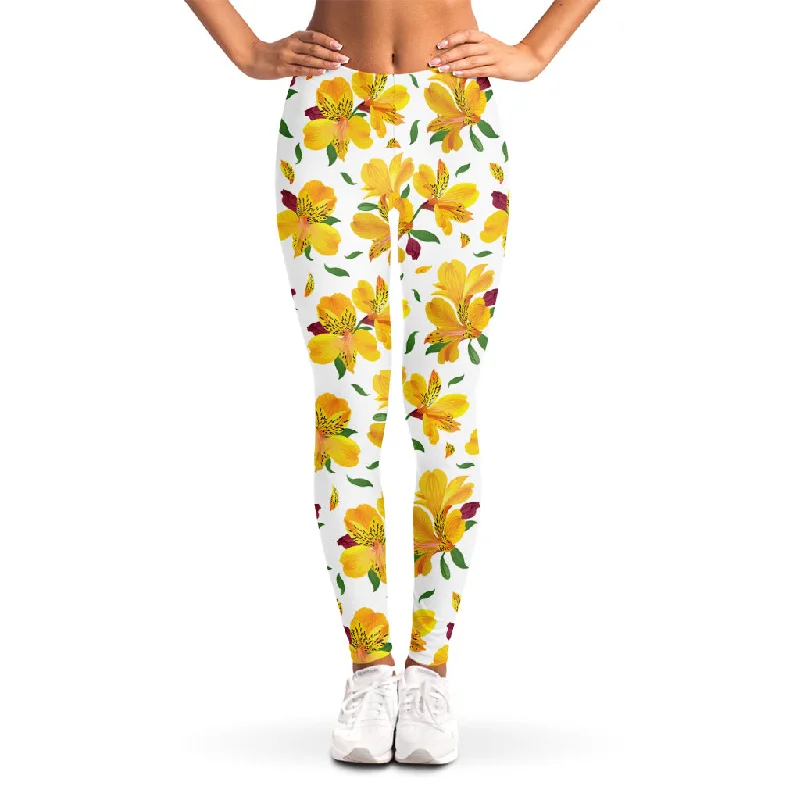 Yellow Alstroemeria Pattern Print Women's Leggings Cozy Workout Performance Leggings