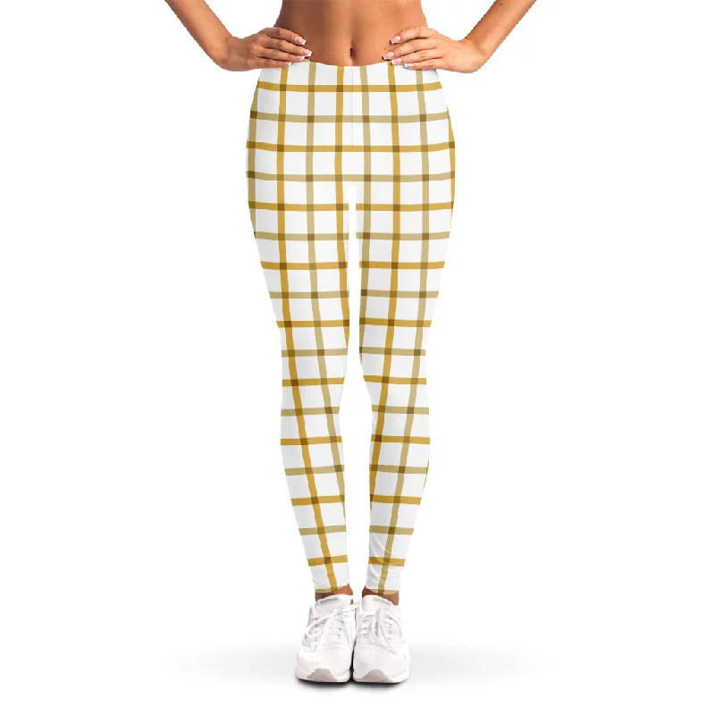 Yellow And Beige Tattersall Print Women's Leggings Trendy Mesh Leggings