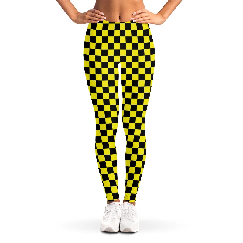 Yellow And Black Checkered Pattern Print Women's Leggings Trendy Full-Length Leggings