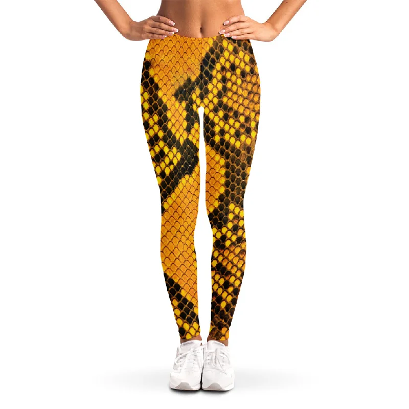 Yellow And Black Snakeskin Print Women's Leggings Trendy Cut-Out Activewear Leggings