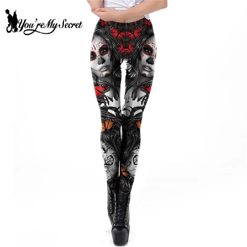 [You're My Secret] 2021 New Gothic Printed Leggings For Women Halloween Skull Sexy Legging Rose Pattern Fitness Workout Leggins Fashionable Minimal Active Leggings