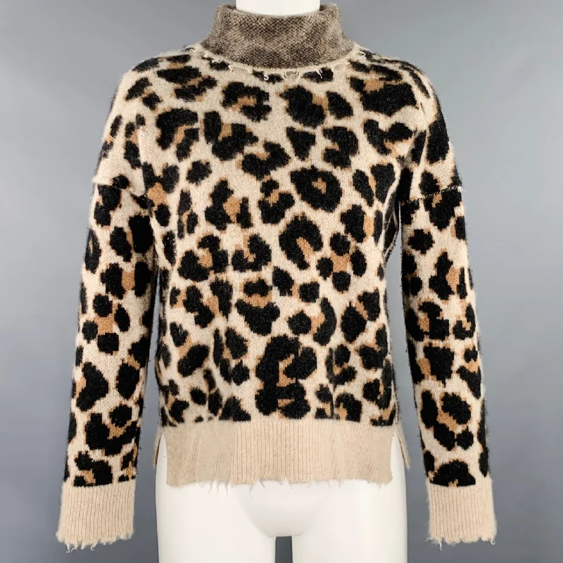 ZADIG & VOLTAIRE Size S Beige Brown Cashmere Animal Print Mock Neck Sweater Collared Crew Neck Turtle Neck