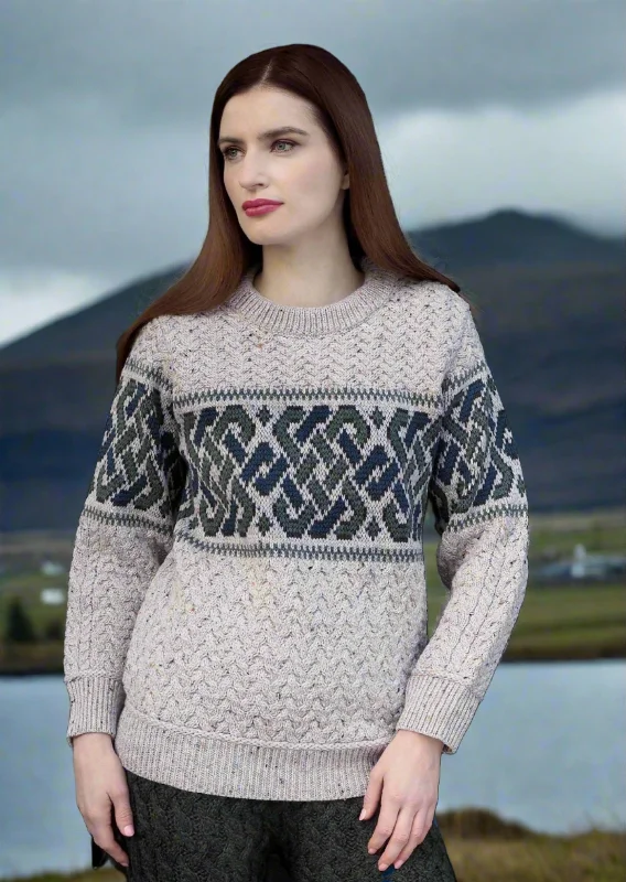 Aran Crafts Unisex Jacquard Sweater | Oatmeal Beaded Sweater Sequined Faux Fur