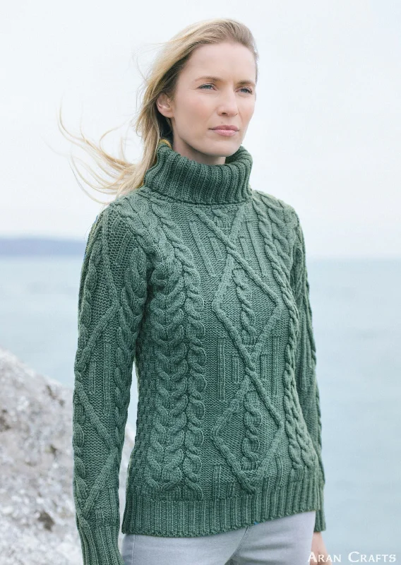 Aran Turtle Neck Sweater | Green Embroidered Appliqued Beaded