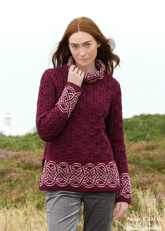 Aran Women's Celtic Design Sweater | Wine Bright Pastel Dark