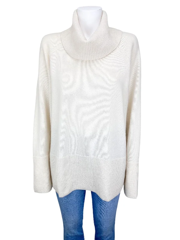 Athleta Women's Alpine Merino Cashmere Cowl Sweater Ivory Size XL Terry Terry Cloth Terry Knit