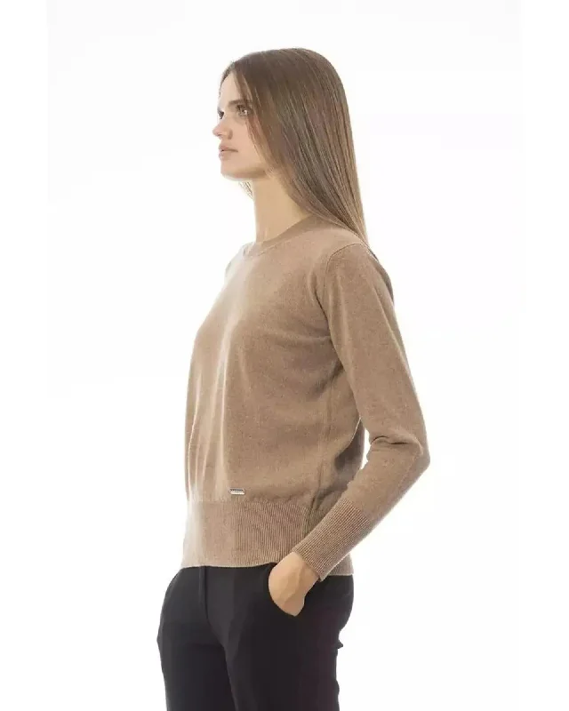 Baldinini Trend Women's Beige Wool Sweater - 42 IT Turtle Neck Boat Neck Asymmetrical Neck