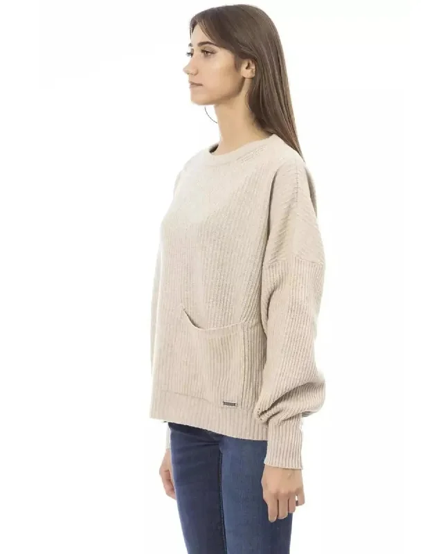 Baldinini Trend Women's Beige Wool Sweater - L Mesh Sweater Canvas Denim