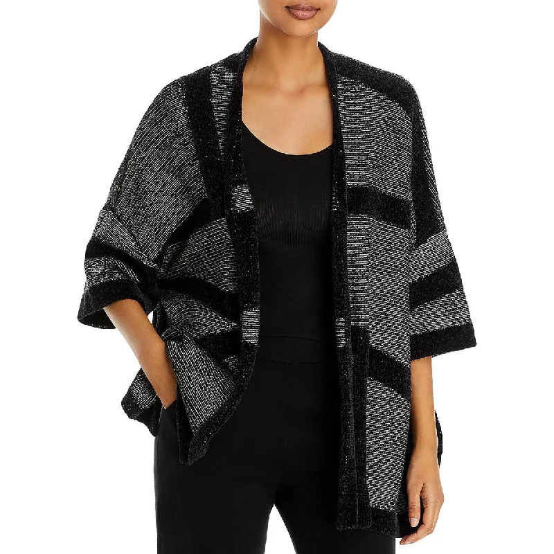 &BASICS Womens Jacquard Side Slits Poncho Sweater Chenille Blend Fleece Blend Nylon Blend