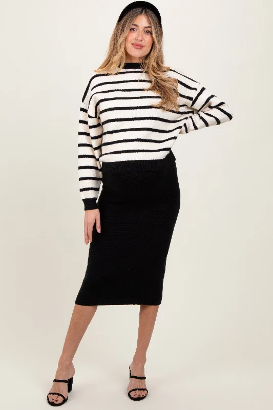 Black White Combo Stripe Sweater Top With Solid Skirt Maternity Sweater Set Chenille Fabric Brocade Fabric Lace Fabric