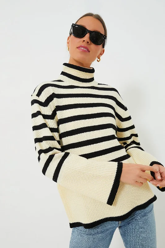 Cream Striped Turtleneck Sweater Slim Fit Regular Fit Oversized