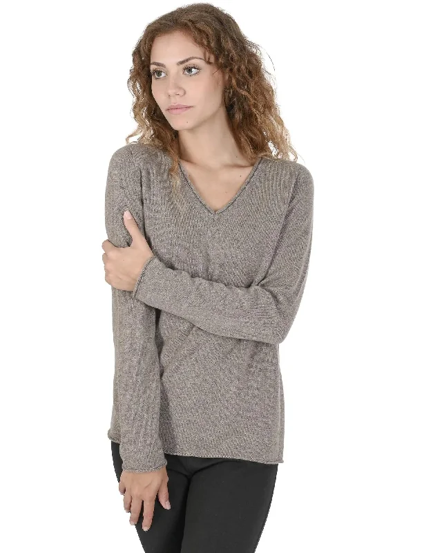 Crown of Edinburgh Cashmere Women's Premium Cashmere V-Neck Sweater in Taupe - 42 EU Ribbed Striped Patterned