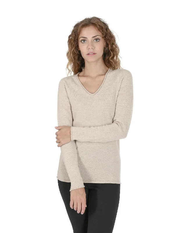 Crown of Edinburgh Cashmere Women's Premium Italian Cashmere V-Neck Sweater in Beige - 46 EU Real Fur Shearling Chenille