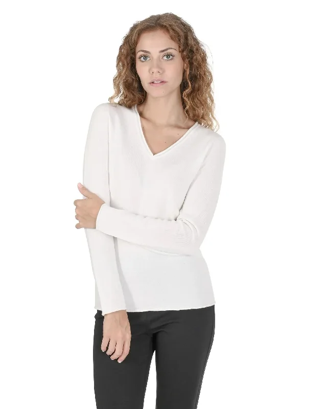 Crown of Edinburgh Cashmere Women's Premium Italian Cashmere V-Neck Sweater in Off white - 40 EU Satin Blend Silk Blend Wool Blend