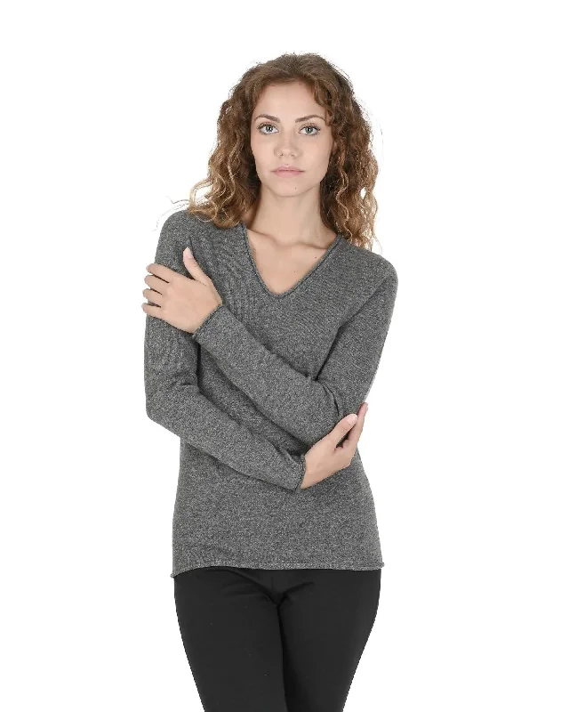 Crown of Edinburgh Cashmere Women's Cashmere V-Neck Sweater for Women in Grey - 42 EU Chenille Brocade Lace