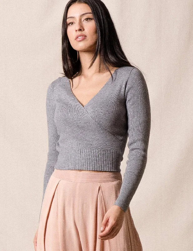 Ella Cropped Sweater - Heather Grey Only, Size Medium Ribbed Striped Patterned