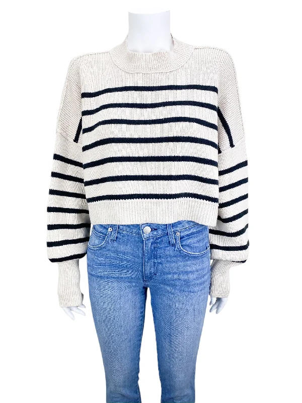 Free People Women's Easy Street Striped Sweater Pearl Navy Size S Zippered Front Buttoned Front Snap Front