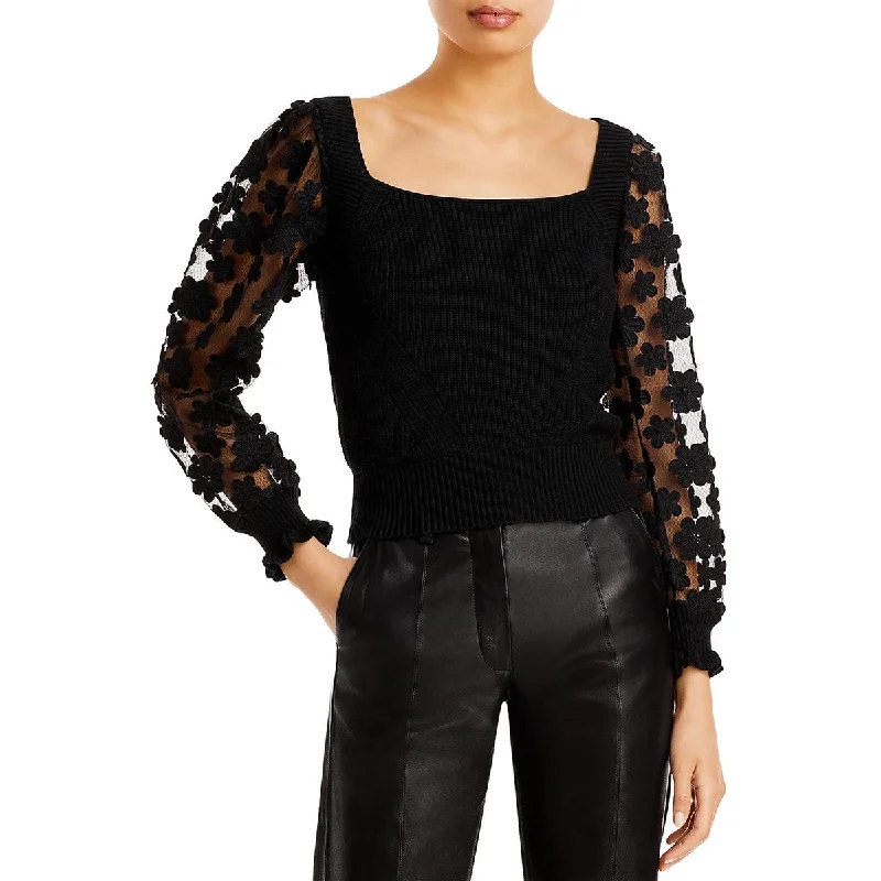 French Connection Womens Juliet Applique Sheer Crop Sweater Transparent Opaque Sheer