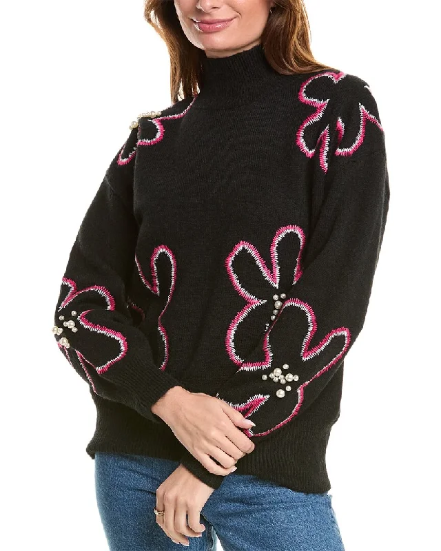 Gracia Flower Embroidered Mock Neck Sweater Cashmere Blend Cotton Blend Poly Blend