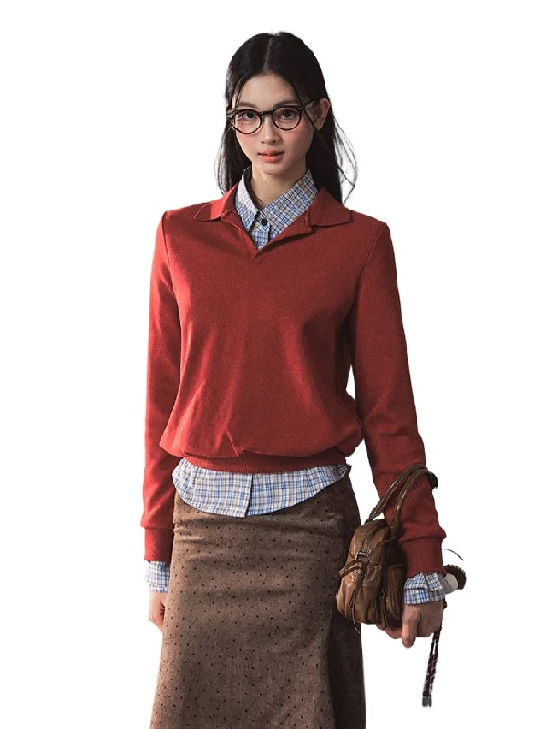 Red Polo Waist-Cinching Crewneck Sweater Set High Neck Crew Neck V-Neck