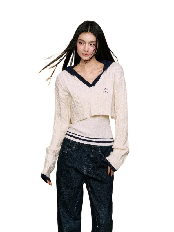 True Two-Piece Contrast Design Hooded Crop Sweater Fitted Slim Tailored