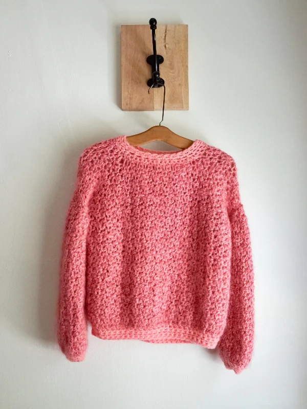 Vinage Handknit Pink Mohair Sweater Solid Color Striped Floral Print