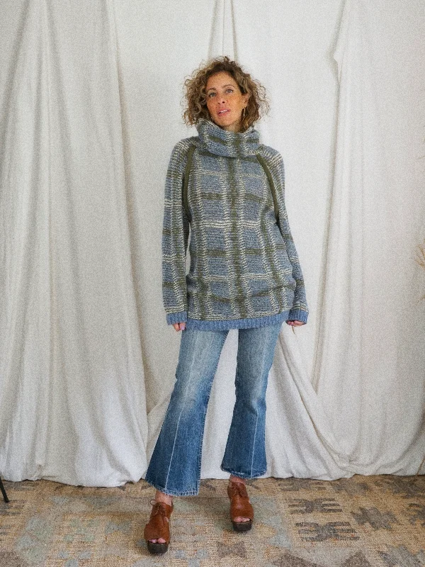 Vintage Plaid Cowl Neck Tunic Sweater Silk Blend Satin Velvet