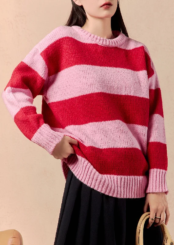 Women Striped O Neck Cozy Patchwork Knit Sweater Winter Polka Dot Checkered Tartan