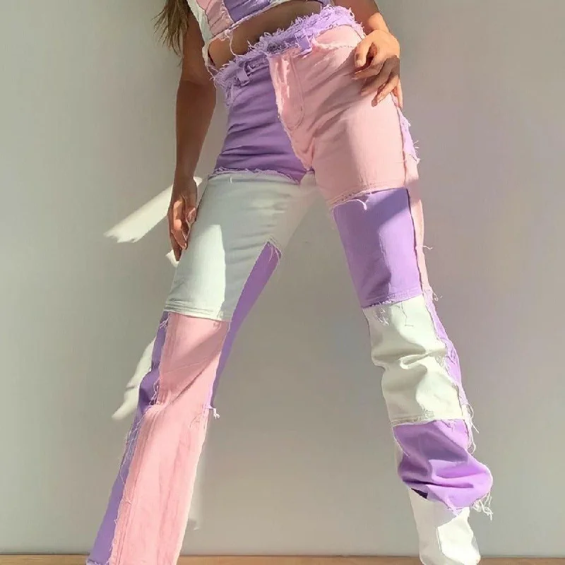 Amela Patchwork High-Waisted Jeans Comfortable Jogger Style Jeans