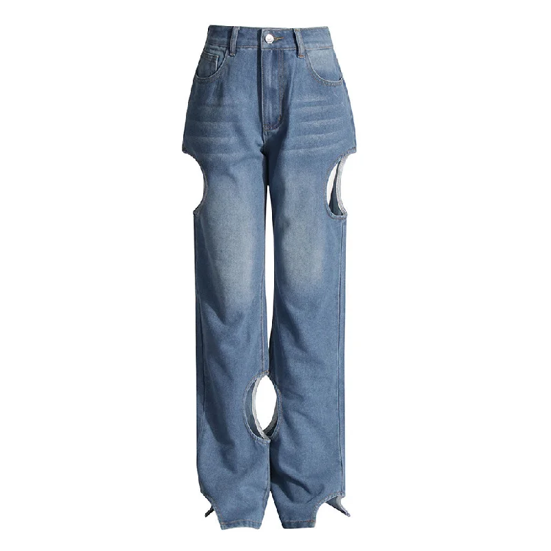 Asymmetric Cut Out Whisker High Waist Straight Leg Washed Denim Jeans Elegant Wide-Leg Jeans