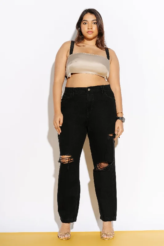 Black Elasticated Distress Mom Jeans Casual Bootcut Ripped Jeans