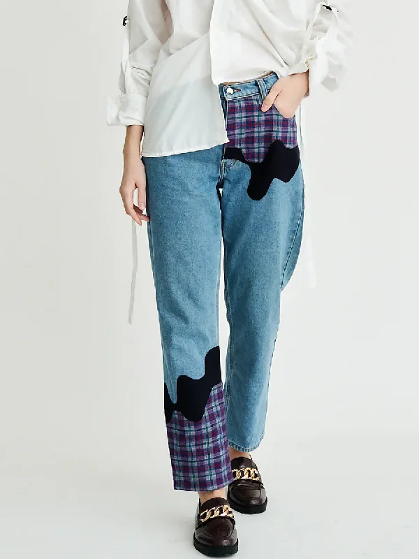 Bobby Melt Plaid Patchwork Jeans Stylish Cargo Style Jeans