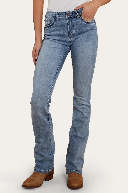 Caroline Rodeo Womens Mid-Rise Bootleg Jeans - Light Blue Elegant Raw Hem Jeans