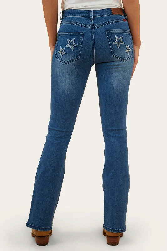 Caroline Rodeo Womens Mid-Rise Bootleg Jeans - Vintage Blue Wash Comfortable Zip-Fly Denim Jeans