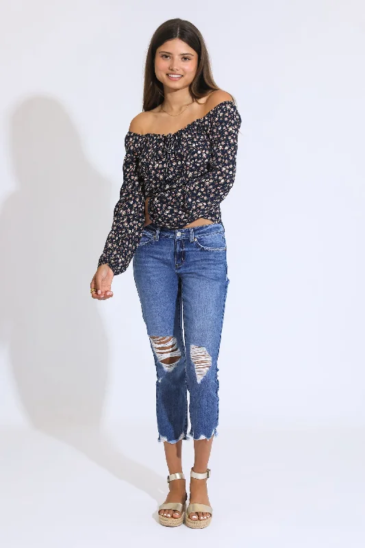 CLASSIC RISE CROPPED JEANS - DARK BLUE/BLACK Trendy Cut-Off Denim Shorts