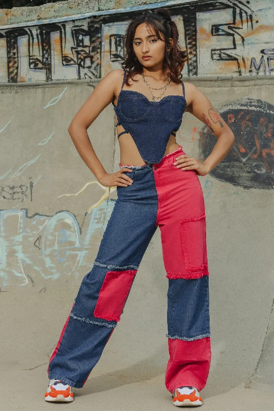 Color Patched Wide Jeans Fashionable Vintage Wash Jeans