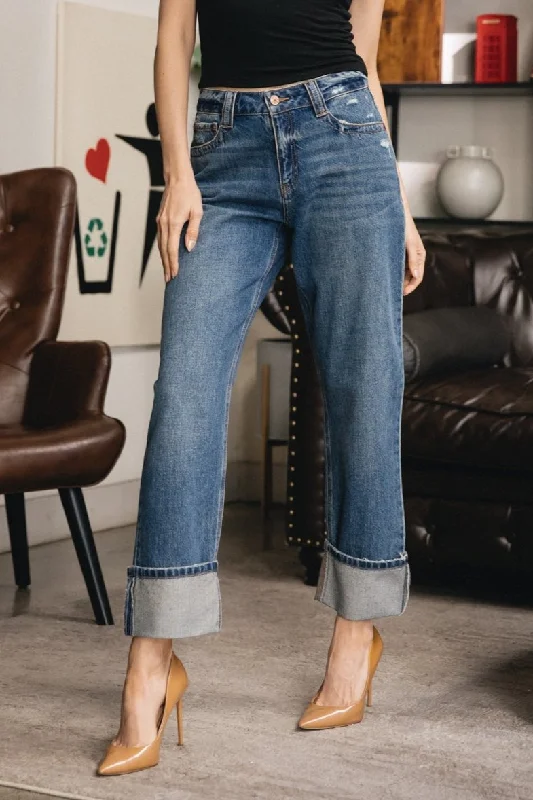 Cuffed Straight Ankle Jeans - Vintage Blue Black Fashionable Slim Fit Jeans