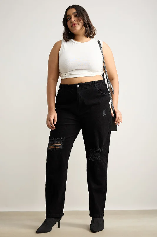 Curve Ebony Elasticated Distress Mom Jeans Casual Loose Fit Jeans