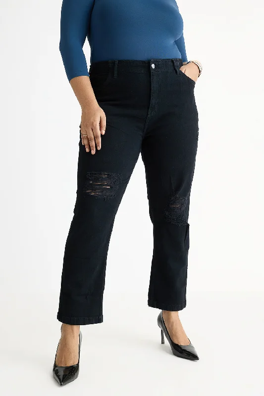 Curve Black Elasticated Distress Mom Jeans Comfortable Jogger Style Jeans