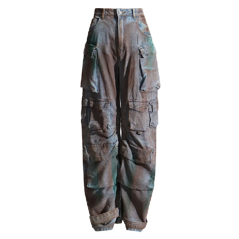Cutting Edge Camouflage Washed High Waist Wide Leg Oversized Cargo Jeans Stylish High-Waisted Denim