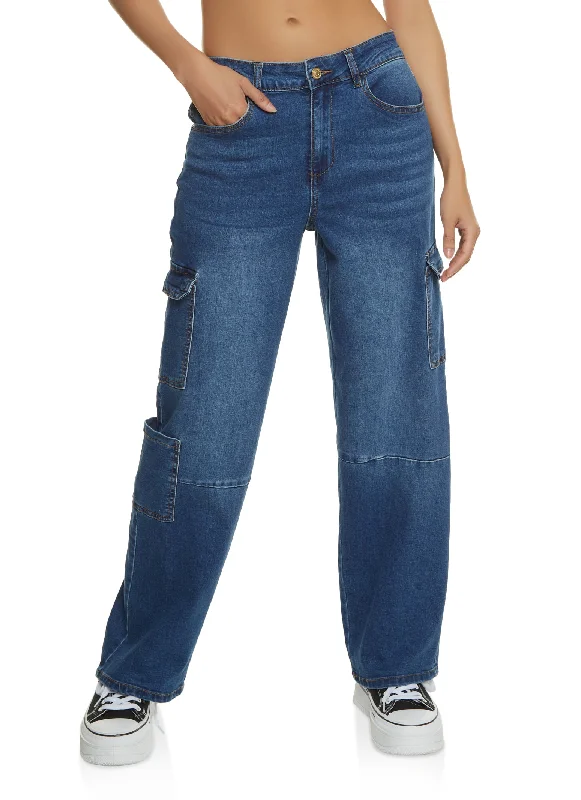 WAX Wide Leg Flap Pocket Cargo Jeans Fashionable Bootcut Jeans