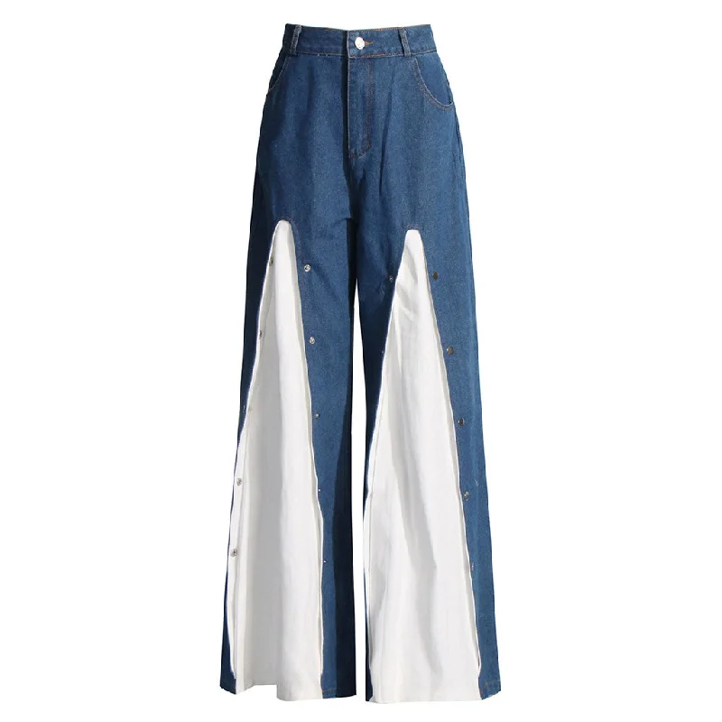 Deconstructed High Waist Contrast Godet Button Up Wide Leg Denim Jeans Trendy Flared Leg Jeans