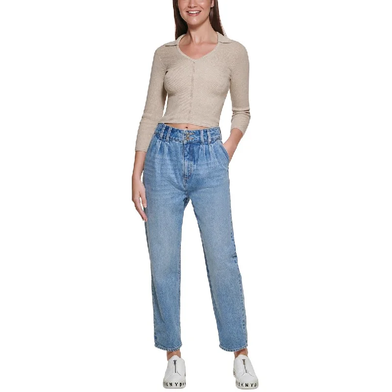 DKNY Jeans Womens Pleated High Waist Straight Leg Jeans Fashionable Slim Fit Jeans