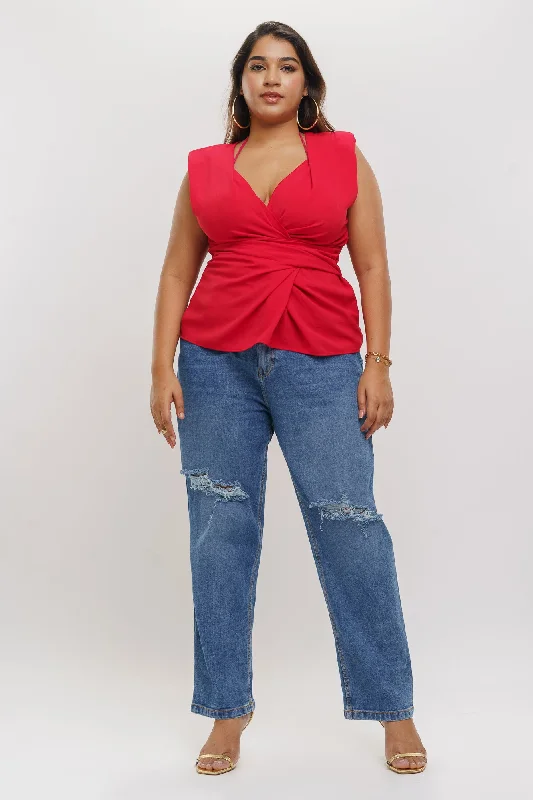 Elasticated Heavy Distresses Mom Jeans Trendy Low-Rise Slim Jeans