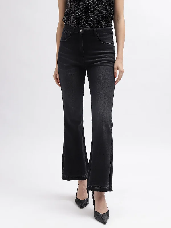 Elle Women Black Solid Bootcut Mid-Rise Jeans Comfortable Folded Hem Jeans