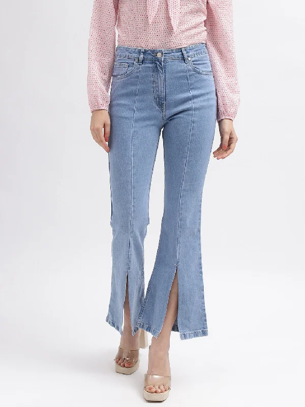 Elle Women Blue Solid Bootcut Mid-Rise Jeans Trendy Pleated Waist Jeans