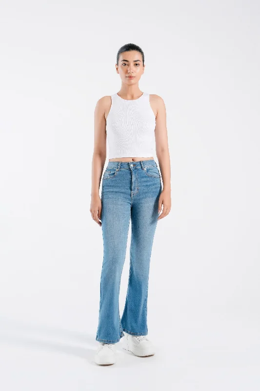 Basic Flared Jeans Fashionable Frayed Hem Denim