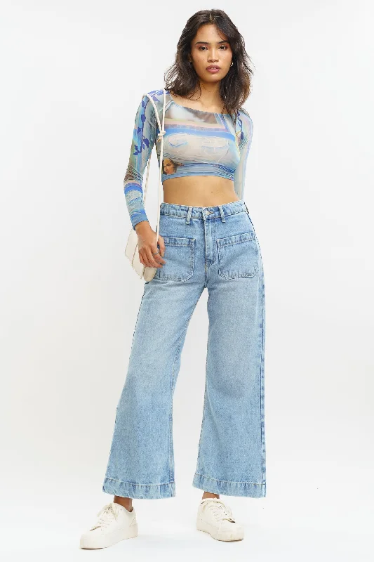 Front Pocket Fresh Indigo Wide Jeans Comfortable Zip-Up Skinny Jeans